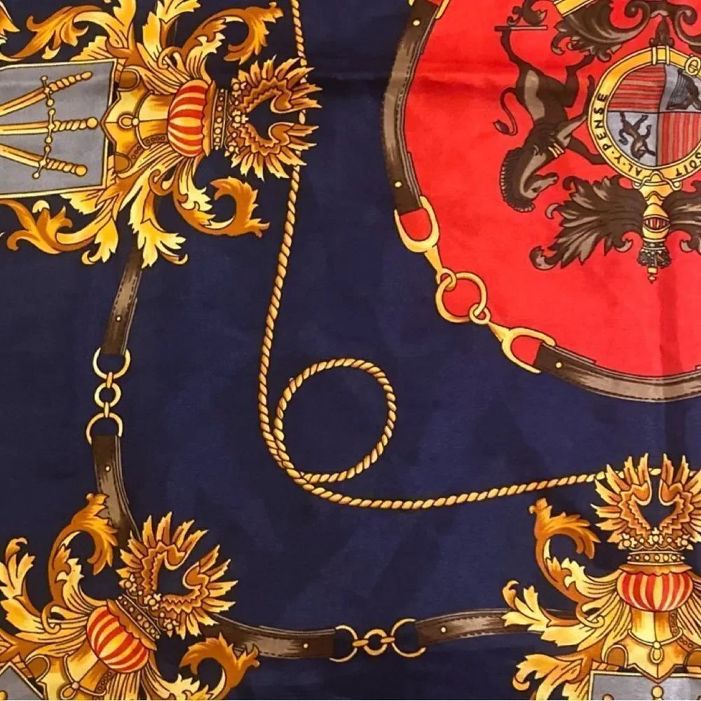 Honi Soit Aly Pense Silk Scarf - 34x34 red , navy gold , British silk scarf